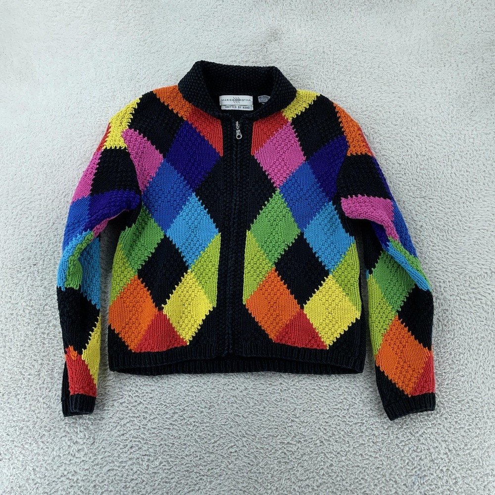 Marisa Christina Hand Knit Rainbow Zip Cardigan Sweater Womens Large Argyle